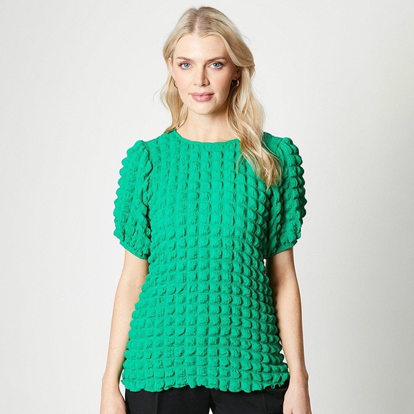 Textured Puff Sleeve Green Top - Picture 2 of 4